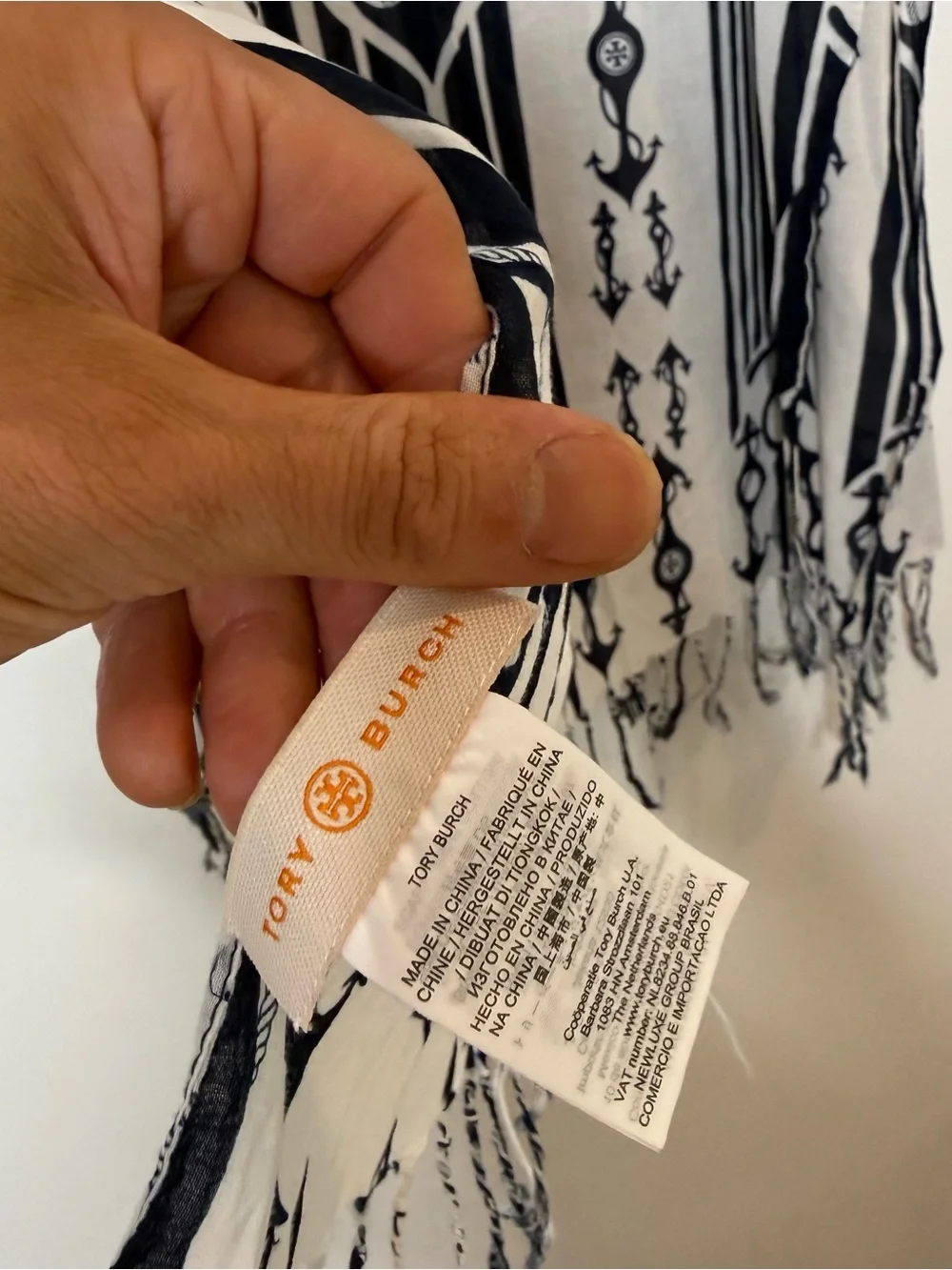 Tory Burch seafaring scarf white and navy nautical anchor pattern fringed edges
